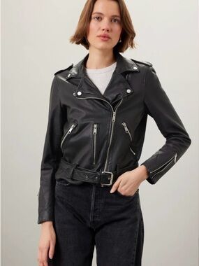 Slate & Willow Black Leather Moto Jacket with Belt